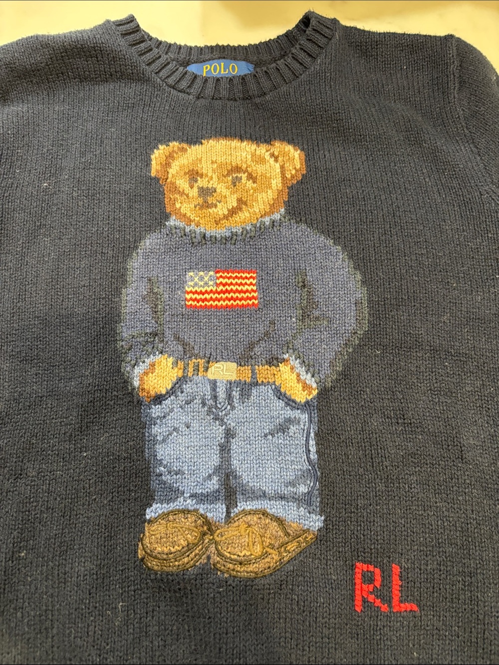 Polo by Ralph Lauren Navy Teddy Bear Crewneck Sweater with Flag